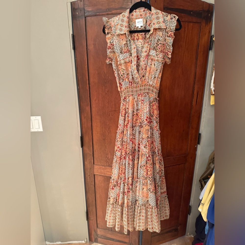 Misa Los Angeles Floral Brown Orange Tiered Maxi Dress